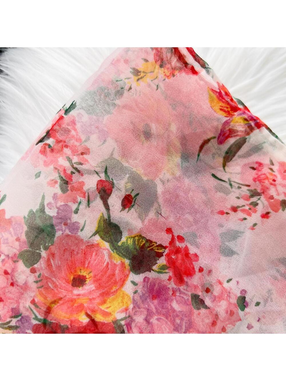 Vintage Lord & Taylor - White bright floral sheer polyester 42” square scarf - Picture 6 of 7